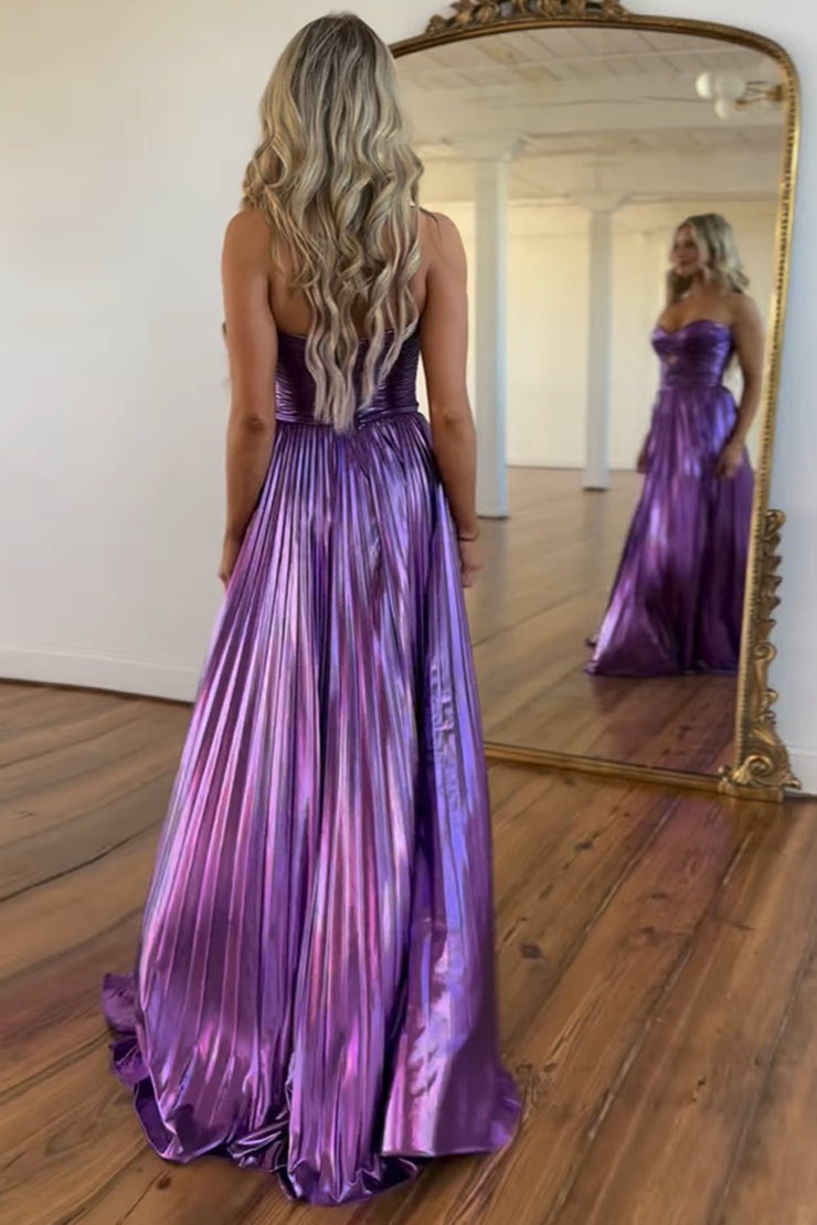 A Line Purple Sweetheart Long Prom Dresses with Slit