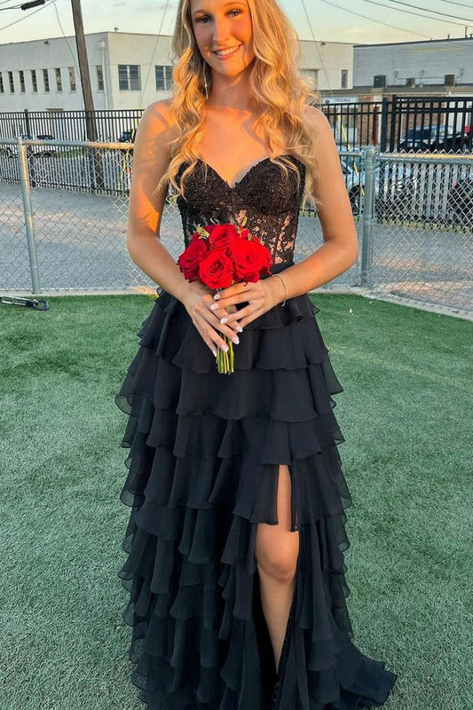 Sweetheart A Line Black Chiffon Tiered Long Prom Dresses with Slit