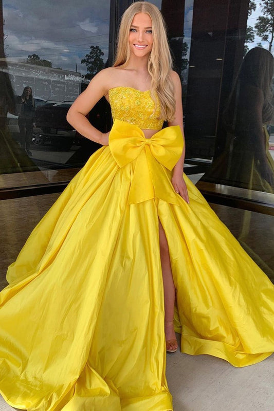 Yellow Satin Two Piece Strapless Long Prom Dresses with Appliques and Bow