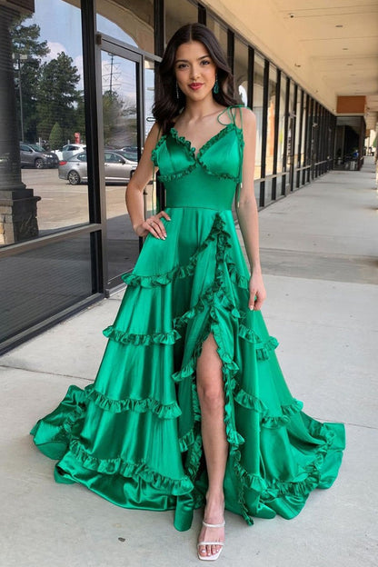 Green Satin A-Line V Neck Prom Dresses with Straps and Ruffle Long