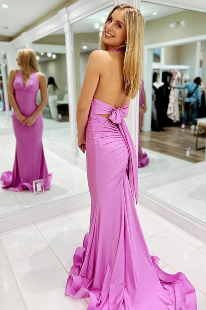 Lavender Satin Mermaid Halter Long Prom Dress