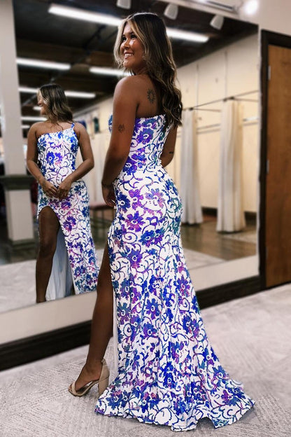 Purple White Sequins One Shoulder Mermaid Long Prom Dress with Slit