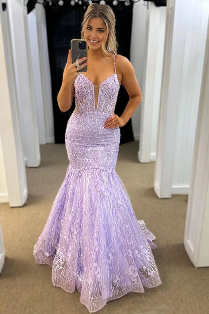 Lavender Sequins Tulle Mermaid V Neck Prom Dresses with Appliques, PD25253