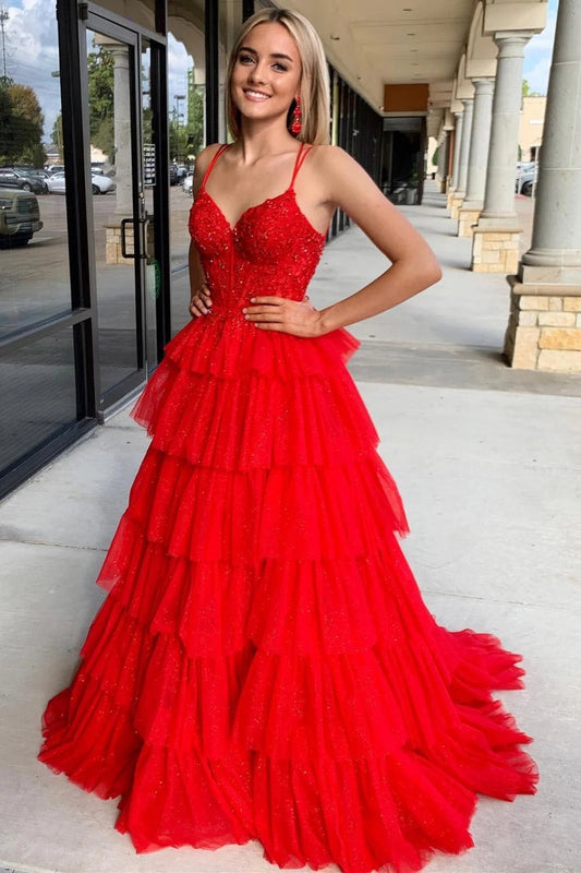 V Neck A Line Red Tiered Tulle Long Prom Dresses with Appliques