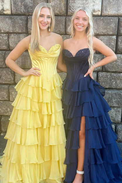 Sweetheart Navy Tiered Chiffon A Line Prom Dresses