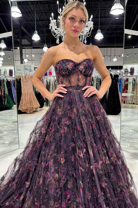 Floral Printed Black Strapless Tulle Long Prom Dress