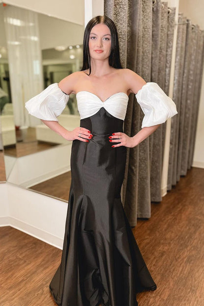 Strapless Two Piece Black and White Satin Long Prom Dresses with Sleeves, PD25195