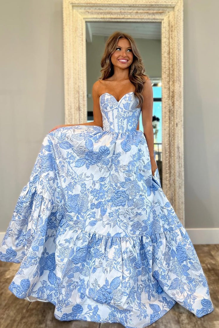 Light Blue Jacquard Satin A Line Sweetheart Tiered Prom Dress