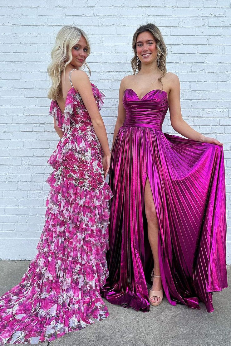 Floral Printed Pink Ruffle Mermaid Long Prom Dresses