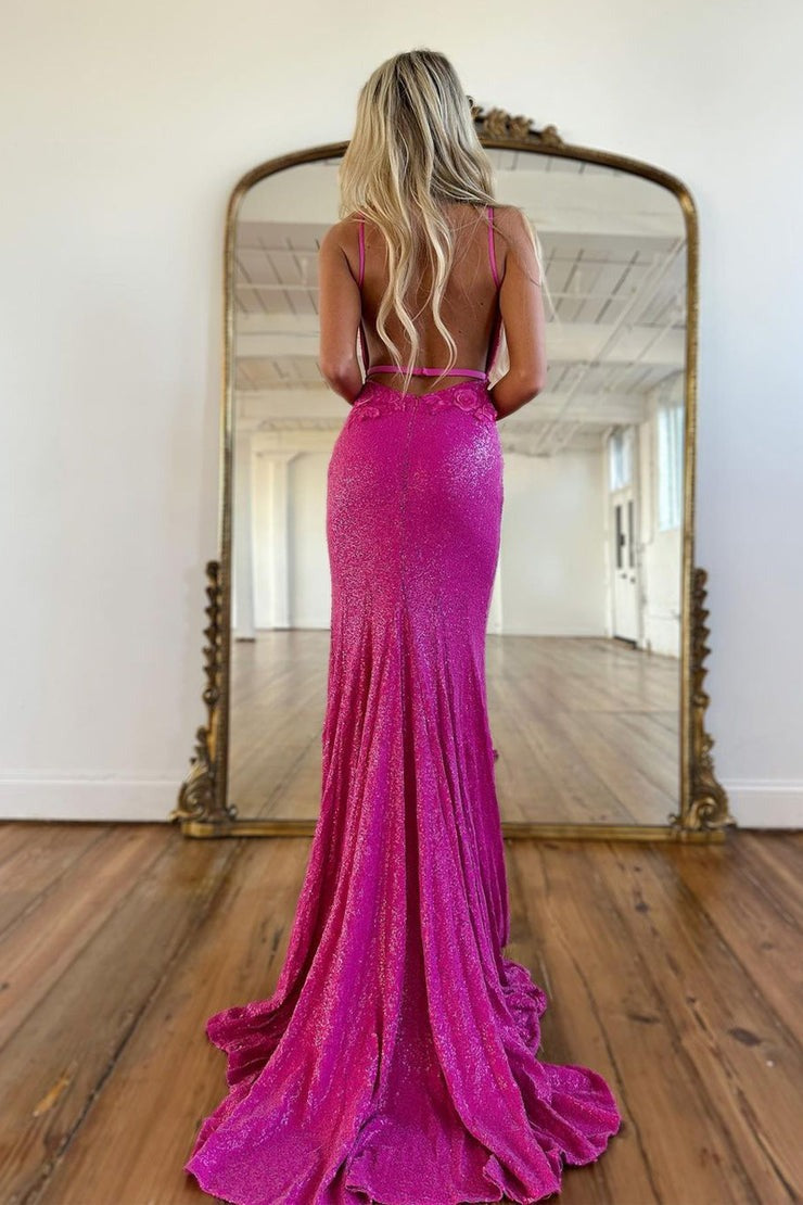 Purple Sequins V Neck Mermaid Long Prom Dress with Slit