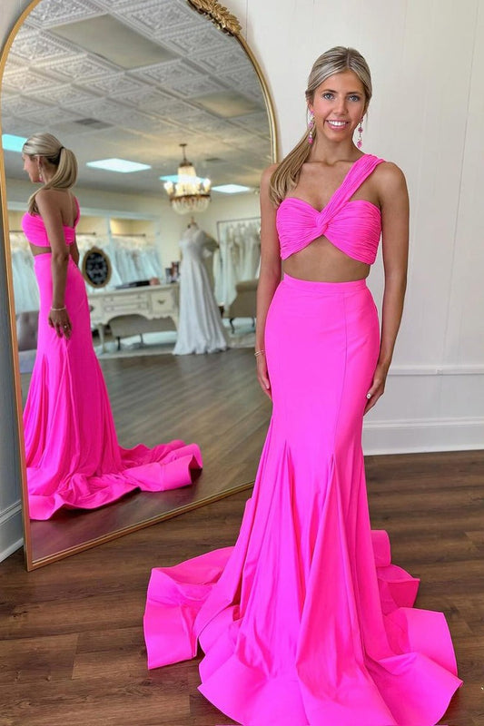 Fuchsia Two Piece One Shoulder Long Prom Dress