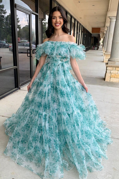 Floral Printed A-Line Off the Shoulder Ruffle Long Prom Dresses