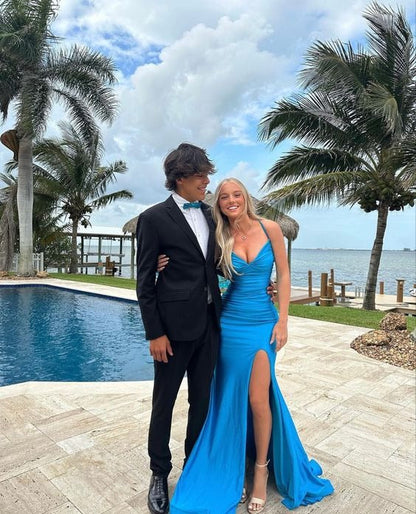 Blue Satin Mermaid V Neck Cute Long Slit Prom Dress Party Dresses, PD25334