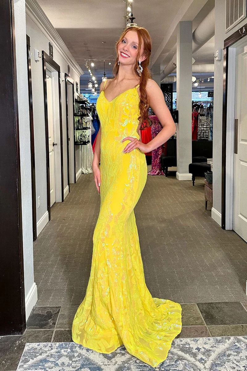 Yellow Sequin Lace Mermaid V-Neck Backless Long Prom Dress, PD2404185