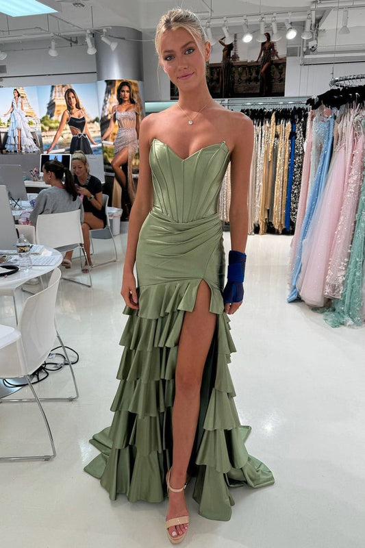 Sage Green Satin Mermaid Sweetheart Tiered Prom Dress with Slit, PD25335