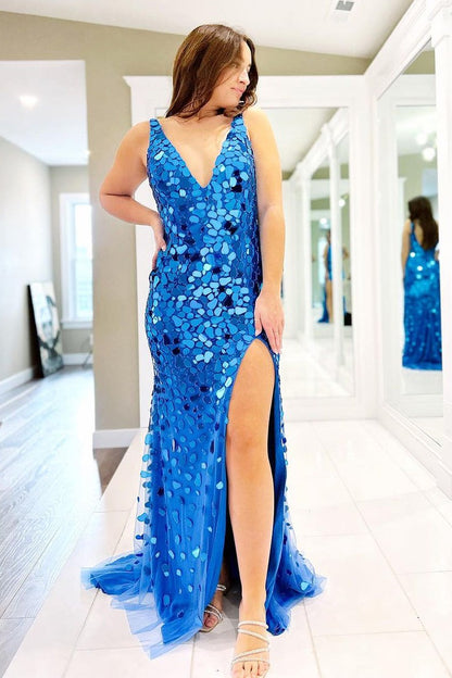 Blue Mermaid V Neck Mirror-Cut Long Prom Dress with Slit