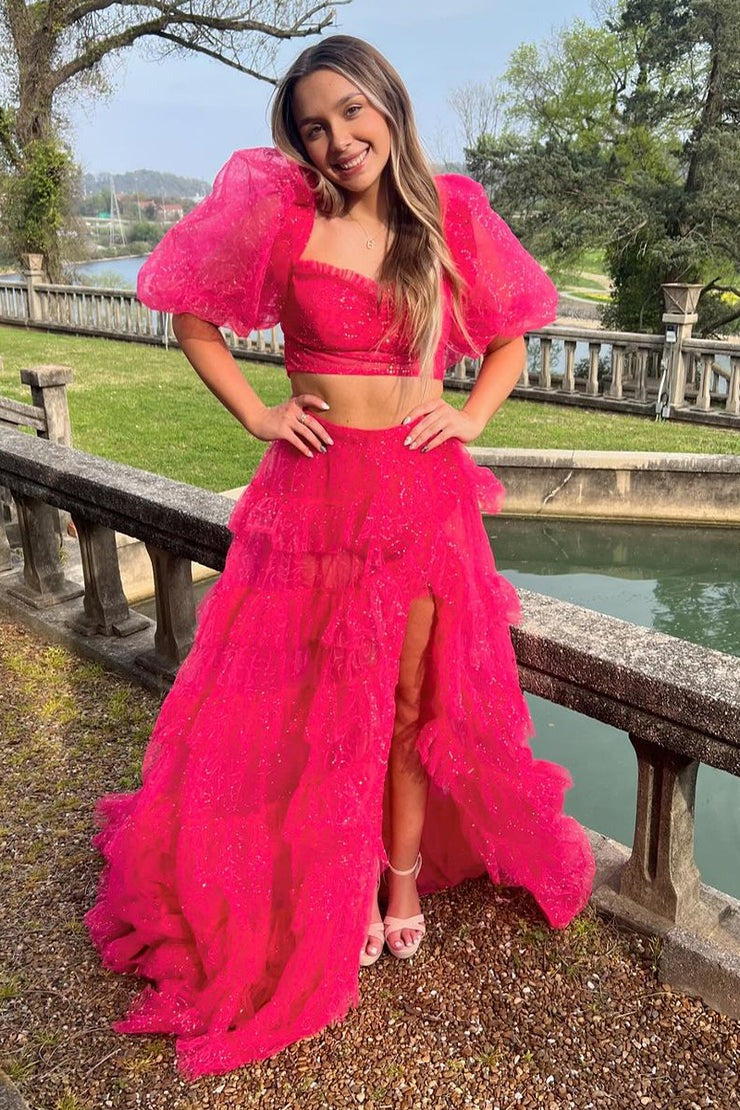 Sweetheart Fuchsia Ruffle Tiered Tulle Prom Dress with Slit, PD25138