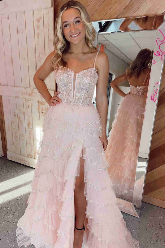 Straps A Line Blush Pink Tulle Layered Long Prom Dresses with Slit