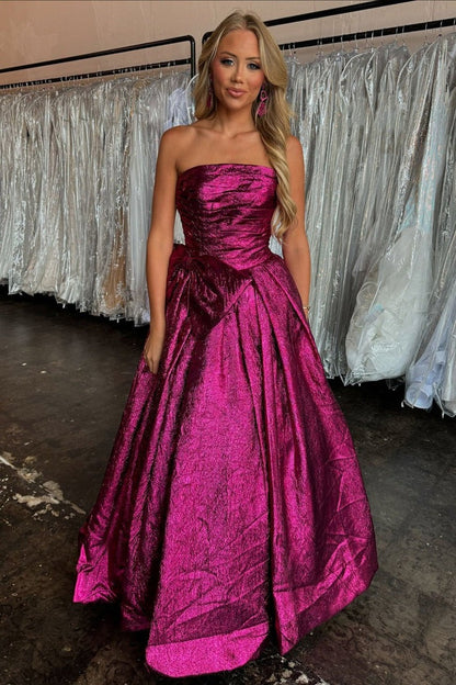 Ball Gown Strapless Fuchsia Sparkly Satin Long Prom Dresses with Bow