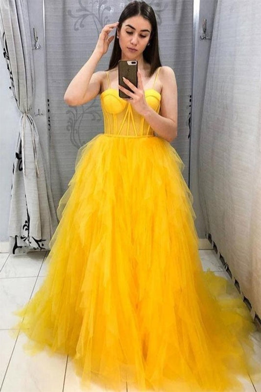 Sunny Yellow A-Line Tulle Prom Gown with Spaghetti Straps, PD2404086