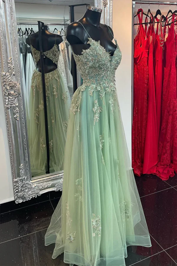 A-Line Mint Green Tulle Prom Dress With Appliques, PD2405011