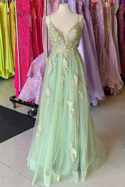 A-Line Mint Green Tulle Prom Dress With Appliques, PD2405011