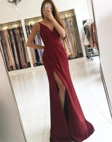 Long Burgundy V-Neck Chiffon Prom Dress with Side Slit, PD1501
