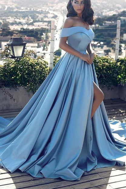 off shoulder elegant simple side slit long prom dress, CD01