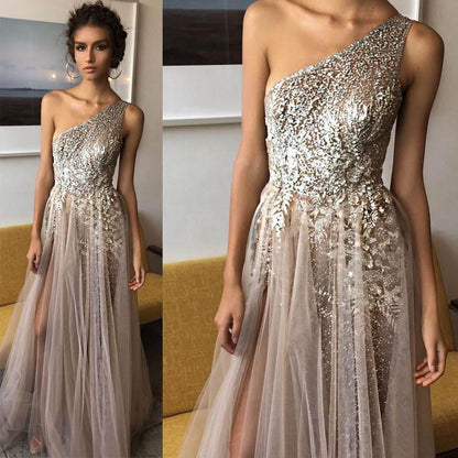 shinning formal one shoulder side slit long prom dress, PD7428