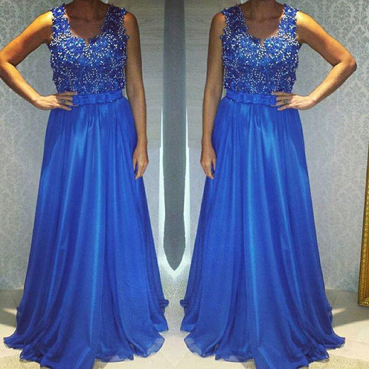 royal blue chiffon long prom dress, PD8878