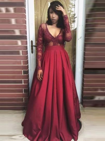 v-neck long sleeves lace burgundy long prom dress, PD1417