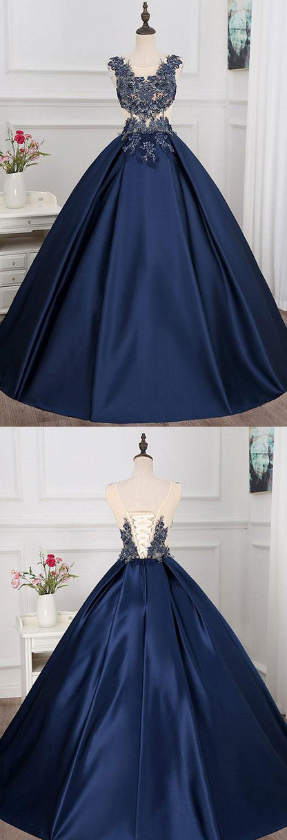 navy blue A-line long lace appliques prom dress, PD7860