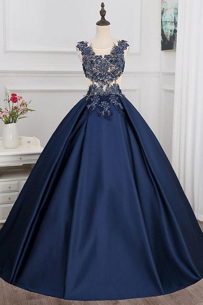 navy blue A-line long lace appliques prom dress, PD7860