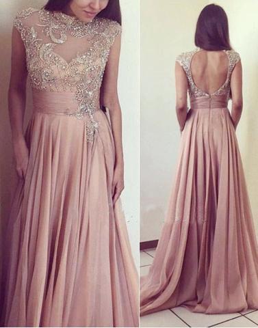 open back dusty rose beaded chiffon long formal prom dress, PD3328