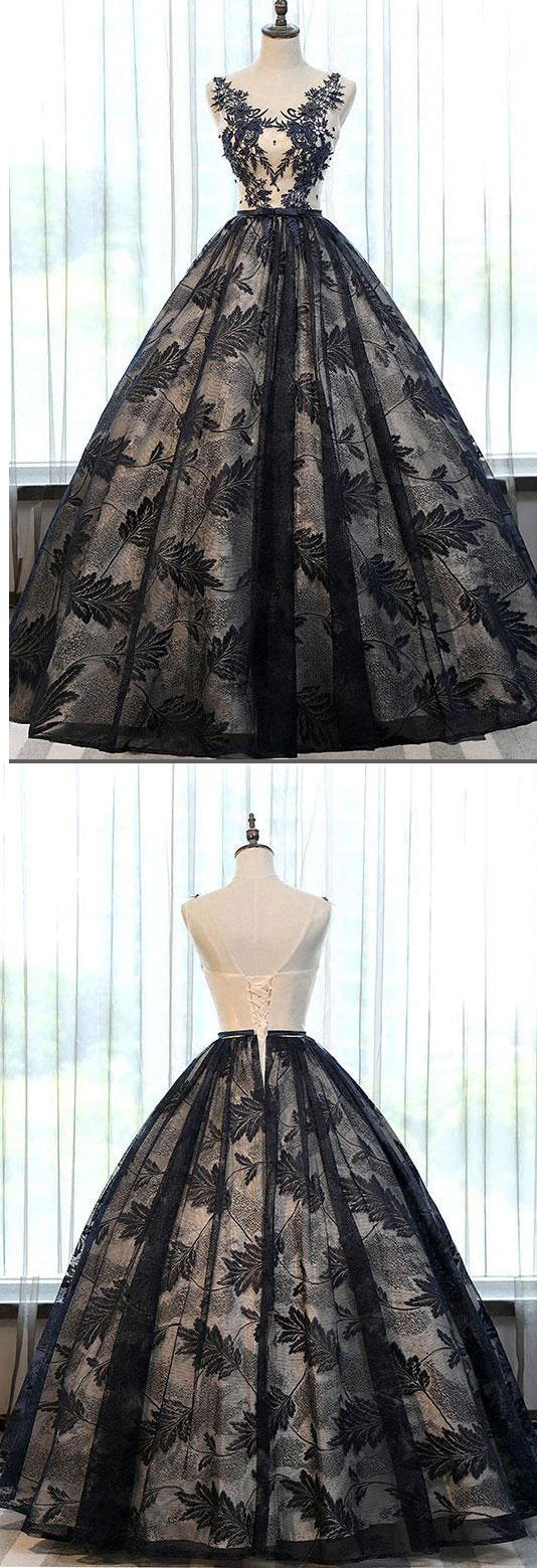 2020 formal A-line black lace long prom dresses, PD7861