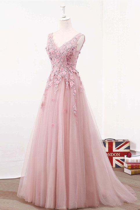 blush pink v-neck lace up back long prom dress, PD7862