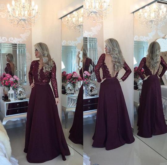 dark burgundy long sleeves modest long prom dress, PD40004