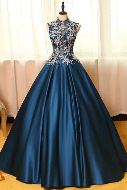 high neck dark teal A-line long prom dress, PD2137