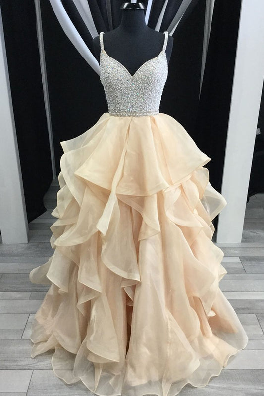 two straps A-line long beaded prom dress, PD2136
