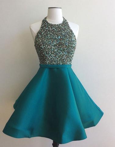 teal beaded short halter charming homecoming dress, BD3905