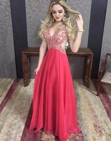 red open back v-neck long sexy prom dress, evening gown, PD45677