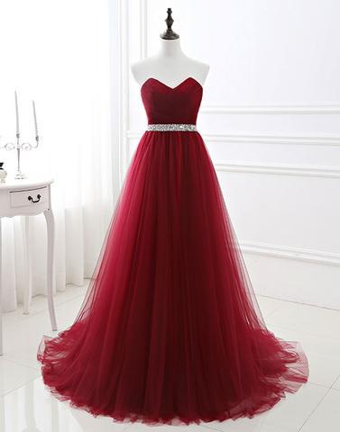 Long Burgundy A-line Tulle Prom Dresses with Sweetheart, PD5874