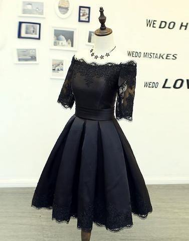 mid-sleeves off shoulder A-line black short homecoming dress, HD962