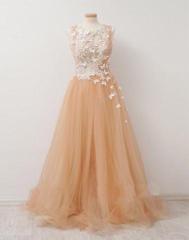 tulle long A-line scoop prom dress with appliques, PD1287