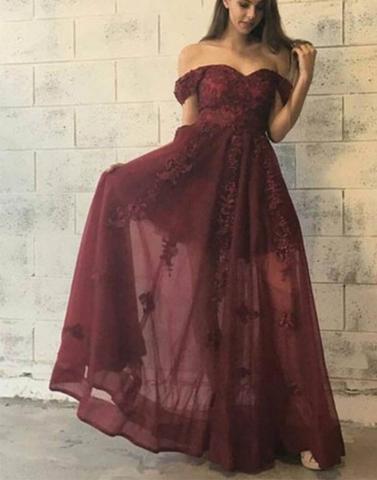 long prom dress, dark burgundy prom dress, lace prom dress, prom dress, off shoulder prom dress, BD2644