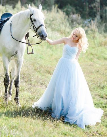 A-line light blue tulle sweetheart long prom dresses for party, BD7814