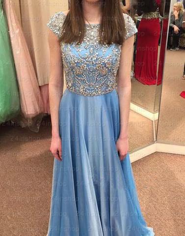 blue beaded top cap sleeves chiffon long prom dress, PD45670