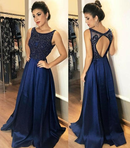 dark navy open back satin beaded formal long prom dress, PD7546