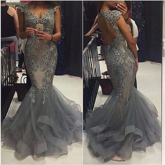 charming cap sleeves beaded mermaid open back long grey prom dress, PD45514