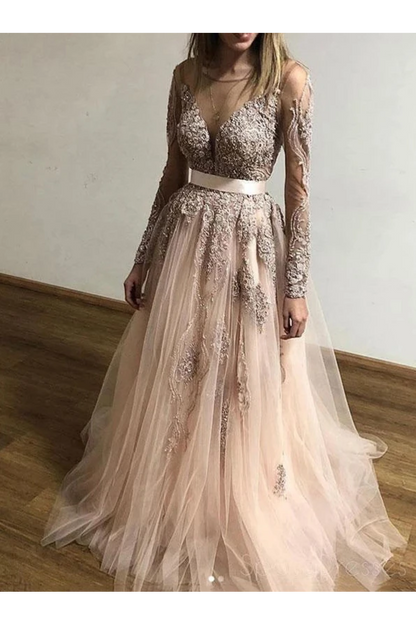 Sheer Round Neck Appliques Long Sleeves Tulle Prom Party Dresses,JL20010